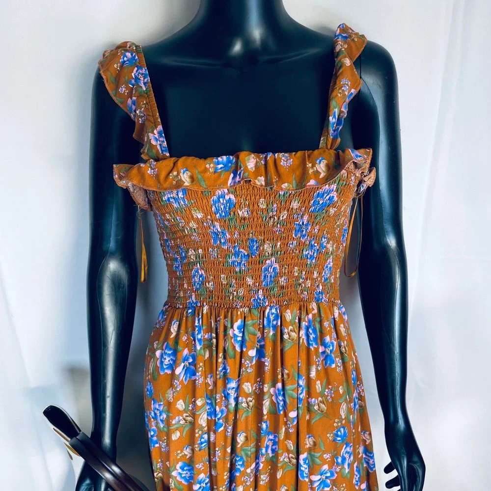 NATURAL LIFE Rust Floral Midi Dress with Blue Accents